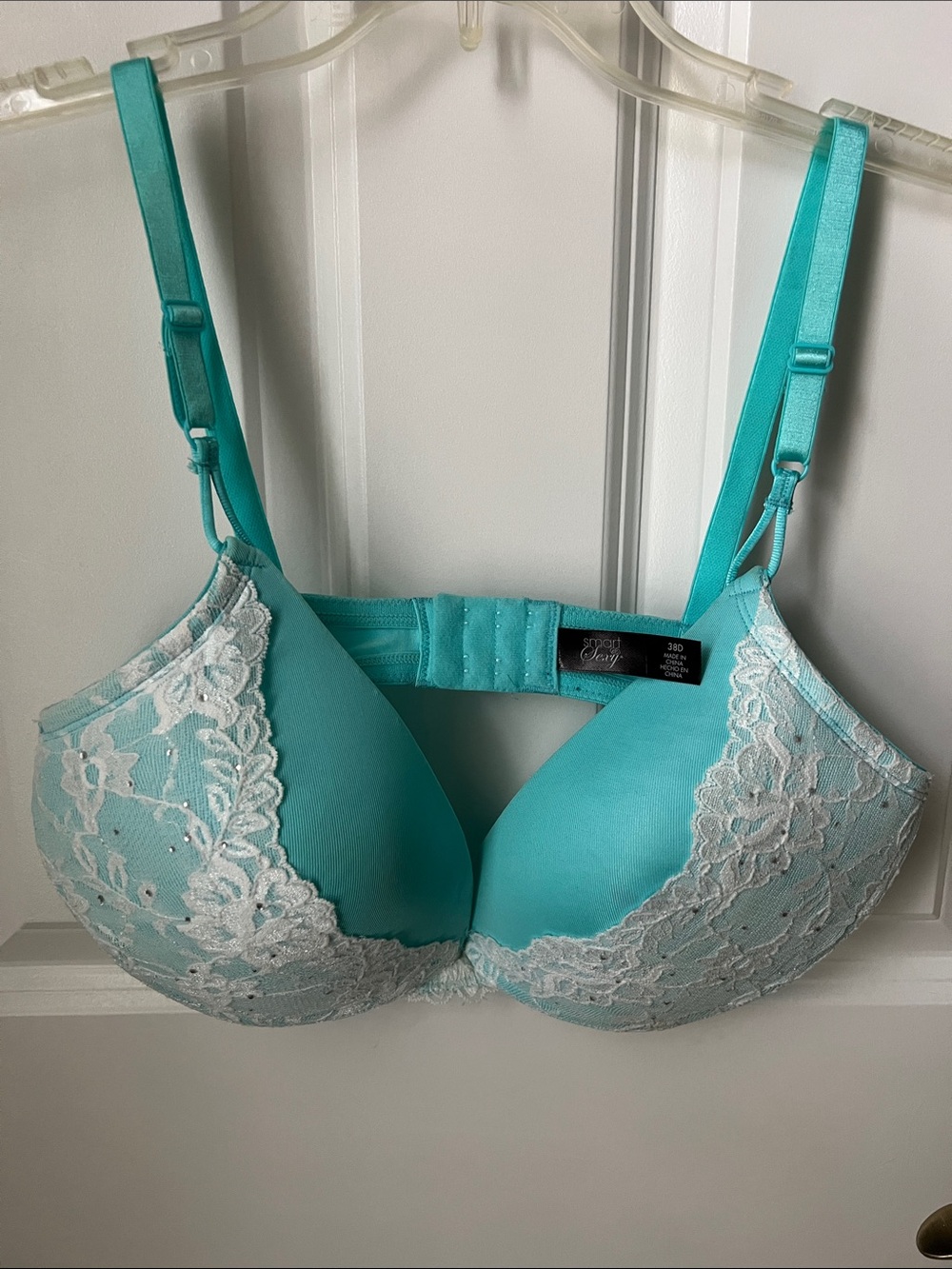 Secret Treasures Aqua Blue Lace Push-Up Bra with White Overlay New 38D.